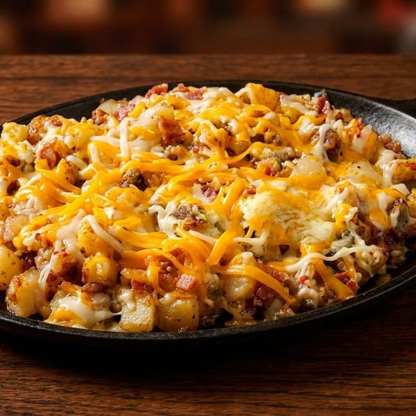 Skillet of cheesy potatoes with bacon bits and melted cheddar and Monterey Jack cheese.