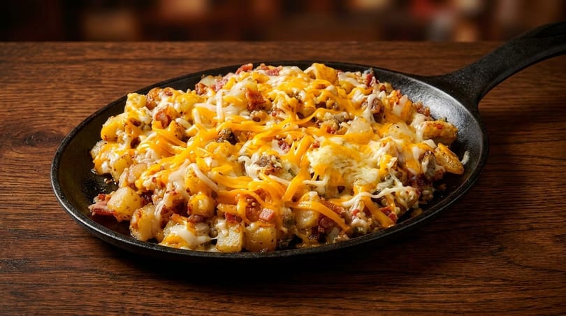 Skillet of cheesy potatoes with bacon bits and melted cheddar and Monterey Jack cheese.