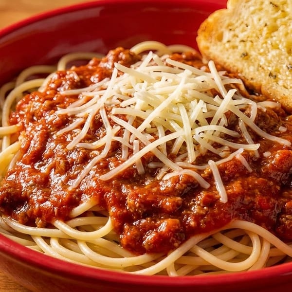 Spaghetti with meat sauce and shredded cheese in a red bowl, served with a slice of garlic bread.