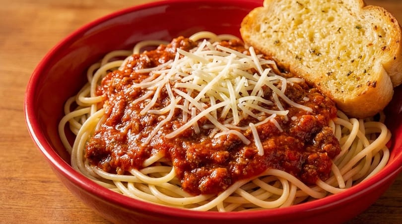 Spaghetti with meat sauce and shredded cheese in a red bowl, served with a slice of garlic bread.