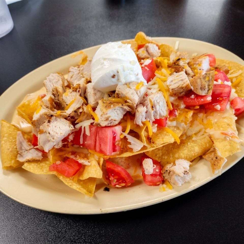 A plate of nachos topped with grilled chicken, diced tomatoes, shredded cheese, and a dollop of sour cream.