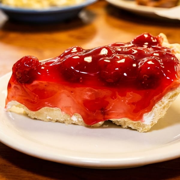 A slice of cherry pie with a thick, glossy red topping on a white plate.