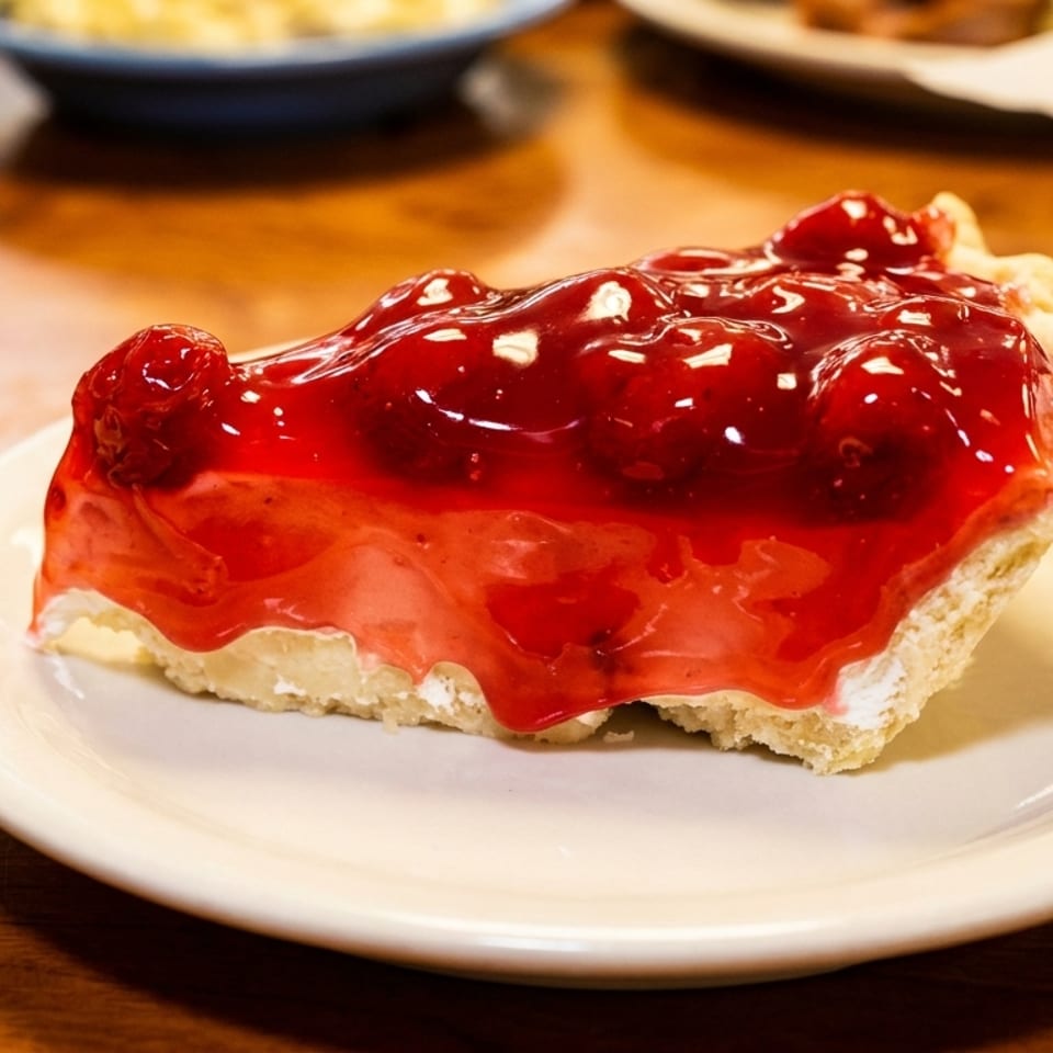A slice of cherry pie with a thick, glossy red topping on a white plate.