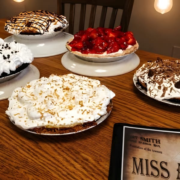 Five delicious pies, including chocolate, strawberry, and coconut, on a wooden table with warm lighting.