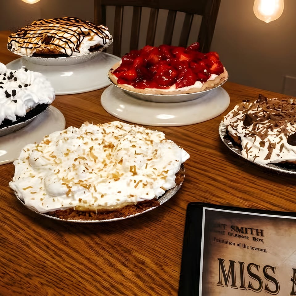 Five delicious pies, including chocolate, strawberry, and coconut, on a wooden table with warm lighting.