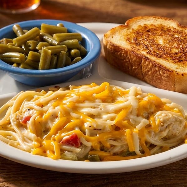 Chicken spaghetti with melted cheese, green beans, and toasted bread on a white plate.
