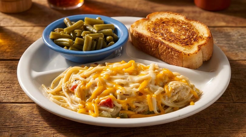 Chicken spaghetti with melted cheese, green beans, and toasted bread on a white plate.